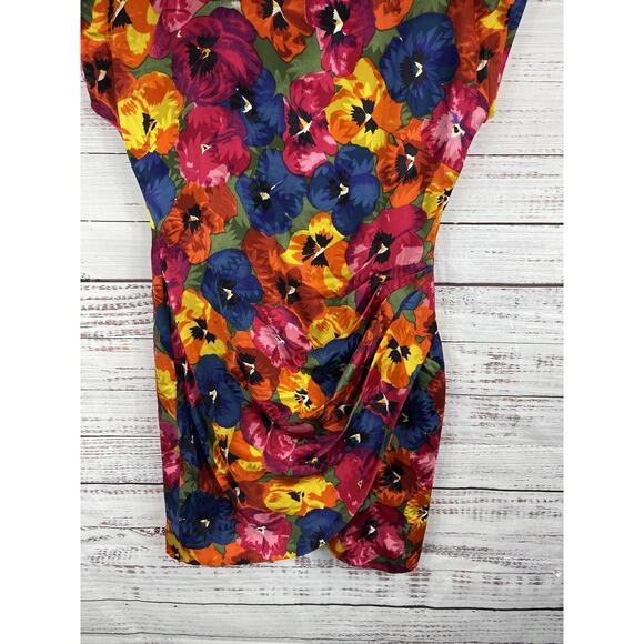 Nipon Boutique Dress Womens US 8 Silk Multicolor Floral Pansy Print Short Sleeve - Picture 3 of 10
